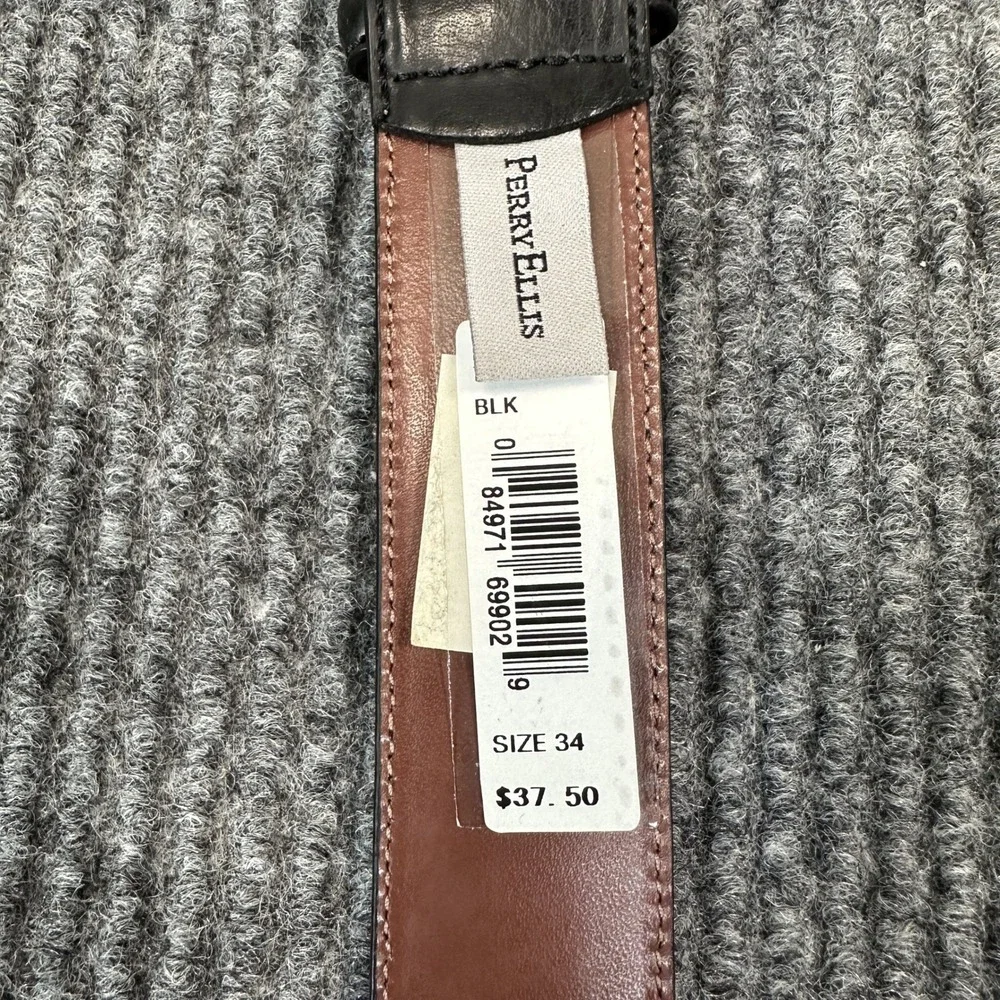 Perry Ellis Mens Dress Belt Size 34 Black Genuine Leather Silver Buckle